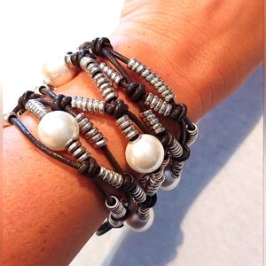 Uno de 50 Leather, Pearl & Stirling Silver Cuff Bracelet NWT